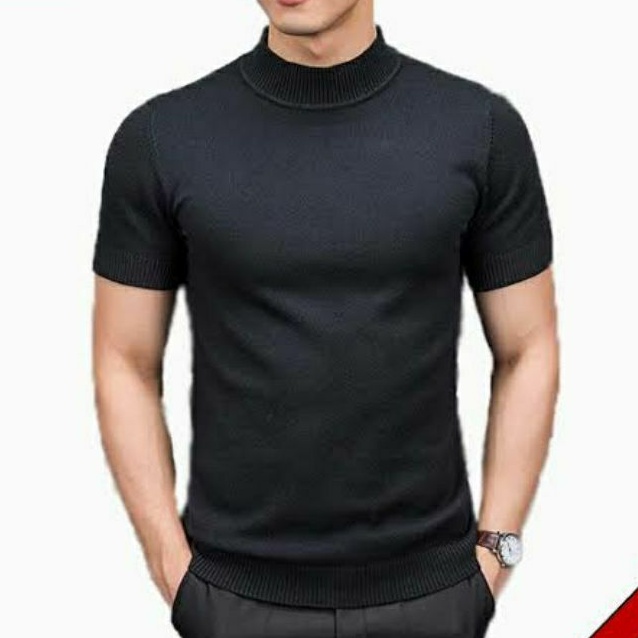 Jual Turtleneck Lengan Pendek Hitam Premium Kaos Pria Kerah Tinggi