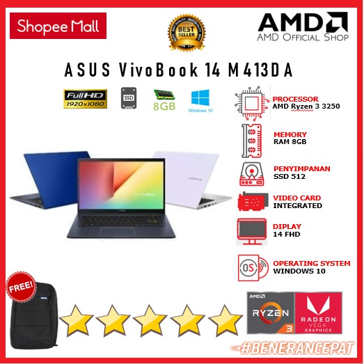 Jual ASUS VivoBook 14 M413DA - AMD Ryzen 3 3250U 8GB 512ssd 14 FHD