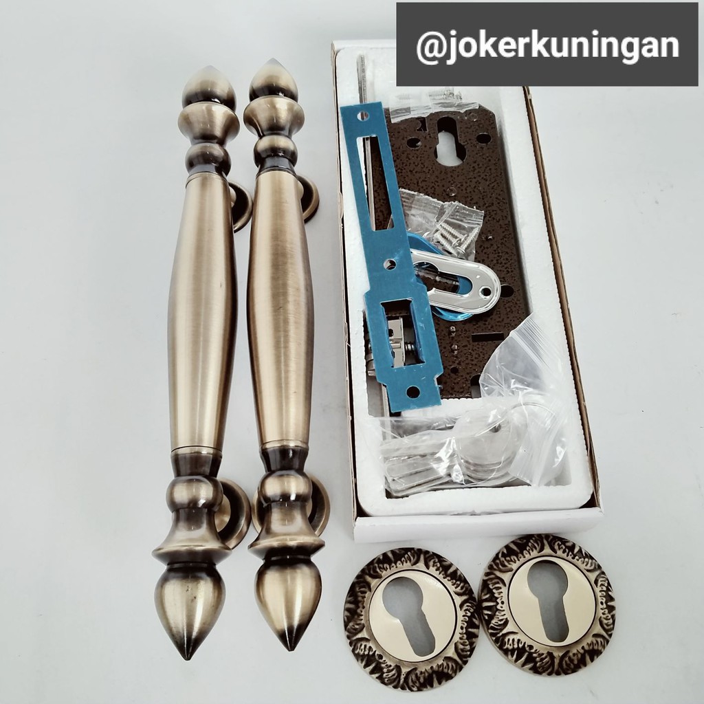 Jual Handle Pintu Rumah Kuningan Motif Sawo Antik Set Kunci Gagang