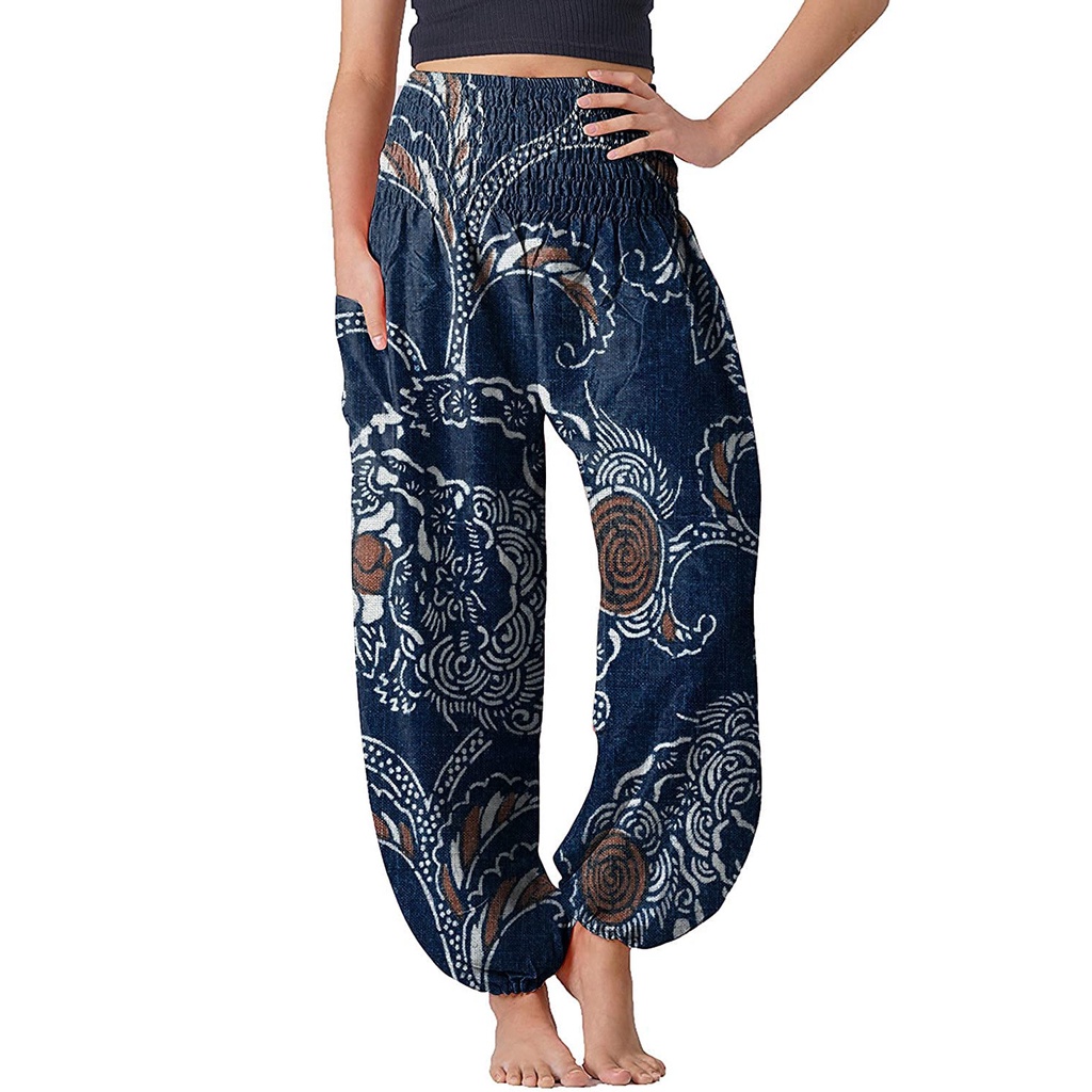 Womens Harem Pants Boho Vintage Print Loose Yo-ga Pants Hippie Boho Belly  Dance Pants Trousers Baggy