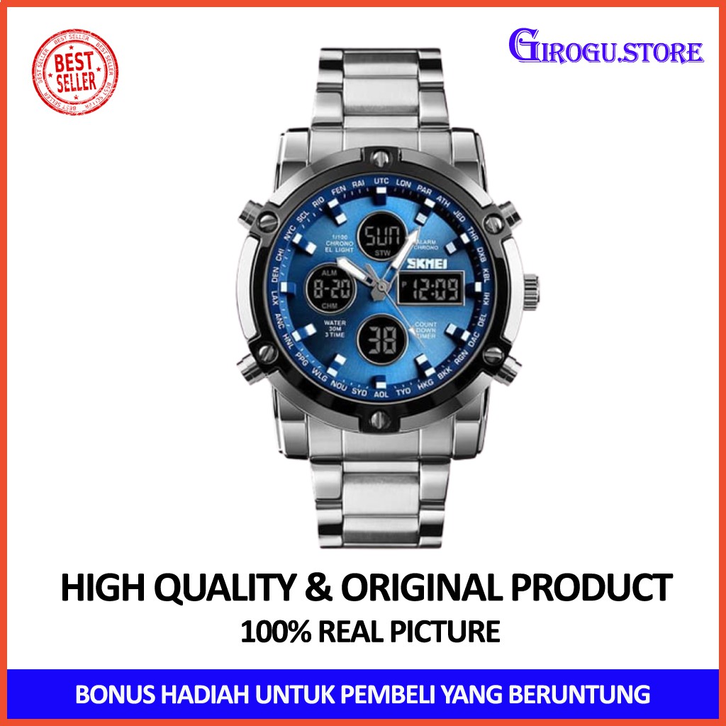 Jual Skmei 1389 Jam Tangan Kasual Digital Analog Pria Silver Biru