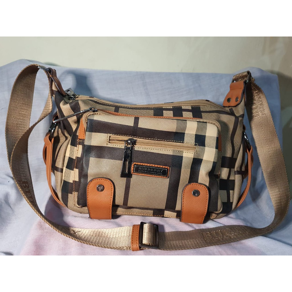 Tas Selempang Burberry Established 1856 Sling Bag Wanita Impor Elegan Mewah Coklat Fido Collection