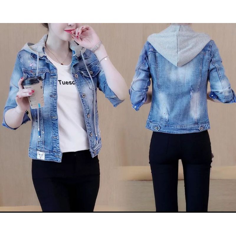 Jaket jeans hoodie on sale wanita