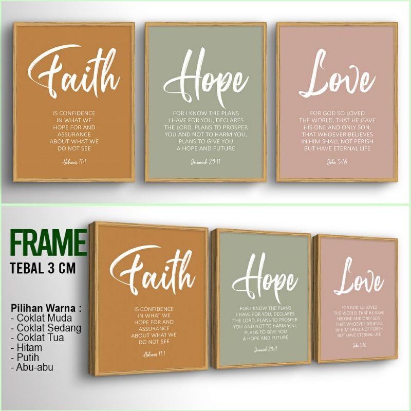 Jual Bingkai Set isi 3 pcs Faith Hope Love #02 Hiasan dinding Kristen ...