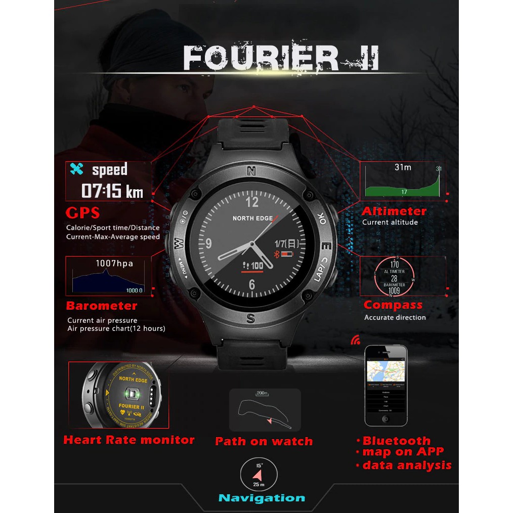 Original North Edge Fourier 2 Sport Watch GPS Barometer Altimeter Heart Rate Waterproof