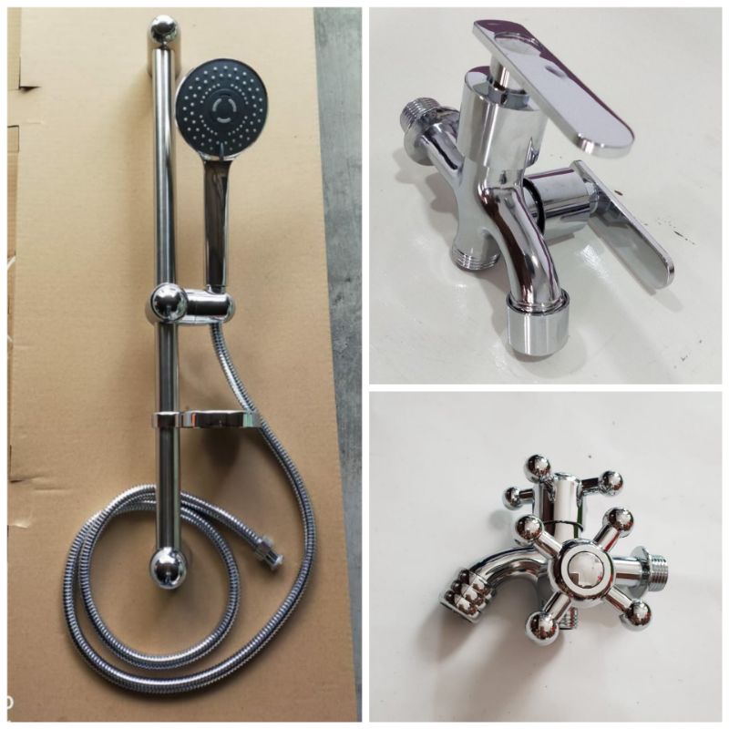 Jual Hand Shower Tiang Standing + Keran Kran Cabang Double 2 Lobang Kamar Mandi Set Komplit