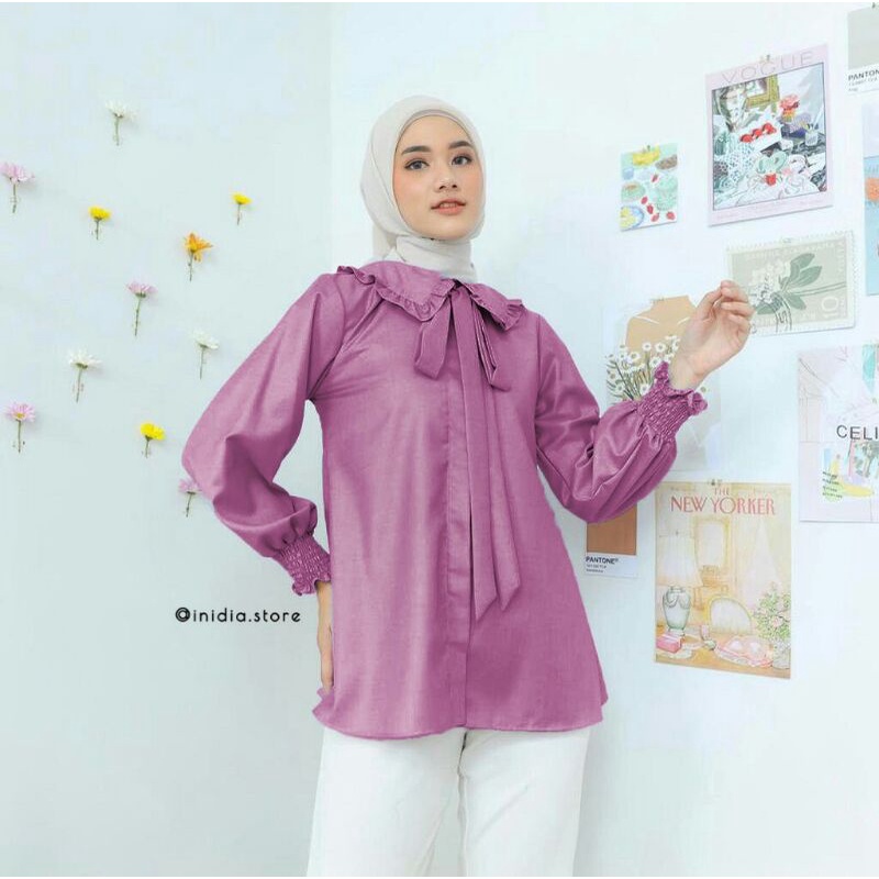 Jual Aghnindia Blouse Blouse Basic Atasan Wanita Lengan Panjang Kerah