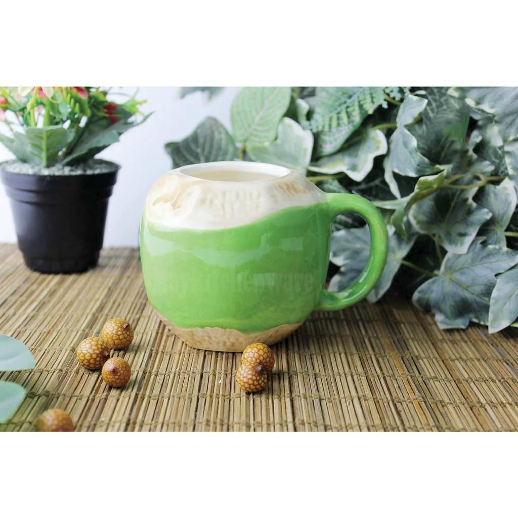 Jual Gelas Mug Keramik Kelapa Cangkir Gagang Motif Coconut Tebal Lucu Murah Unik Muk Air Panas 0343