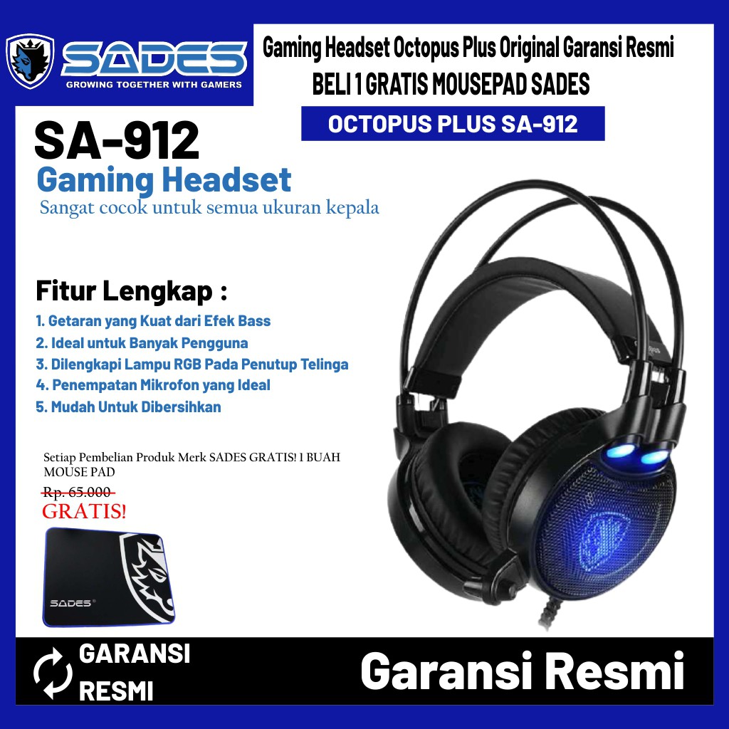 Jual Gaming Headset Octopus Plus Indonesia | Garansi Resmi Original Shopee Sades SA-912 