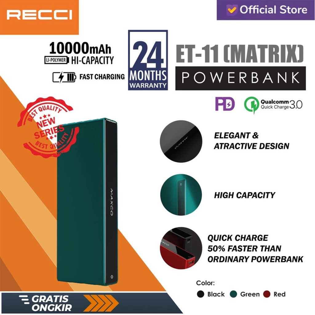 Powerbank Recci MAXCO Matrix PC+QC3.0 18W MPB-ET11 Black/Red/Green