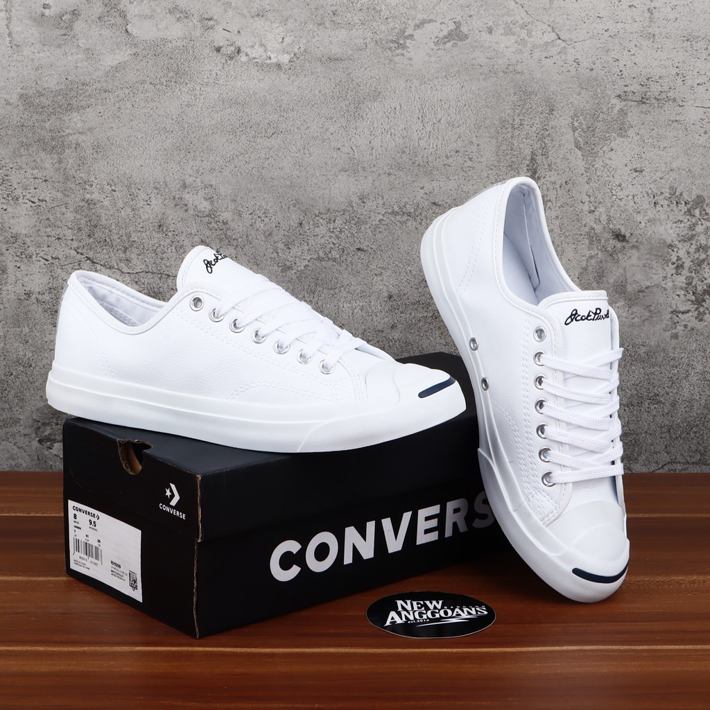 Bonus Kaos Kaki Paperbag Sepatu Converse All Star Jack Purcell Full White Putih Leather Kulit Low