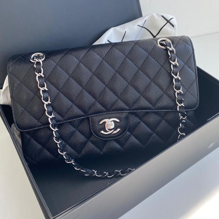 Tas Chanel ORI Classic 25 Bag Double FlapCaviar Hitam Silver HW Original Kulit ASLI LENGKAP BOX BISA UNTUK GIFT KADO HADIAH TAS CHANNEL ORIGINAL 100