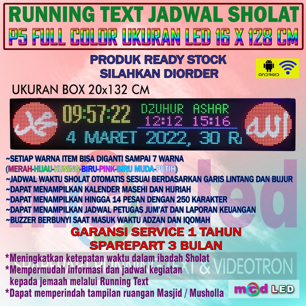 Jual JAM SHOLAT MASJID RUNNING TEXT JWS JADWAL SHALAT SOLAT DIGITAL MASJID JWS P5 RGB FULL COLOR