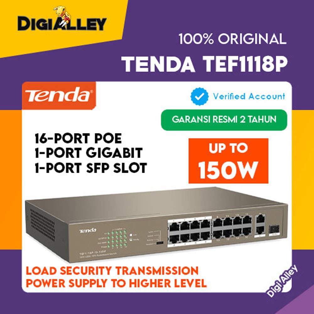 Jual Tenda TEF1118P Networking Switch 16-150W 16 Port Smart PoE Switch ...