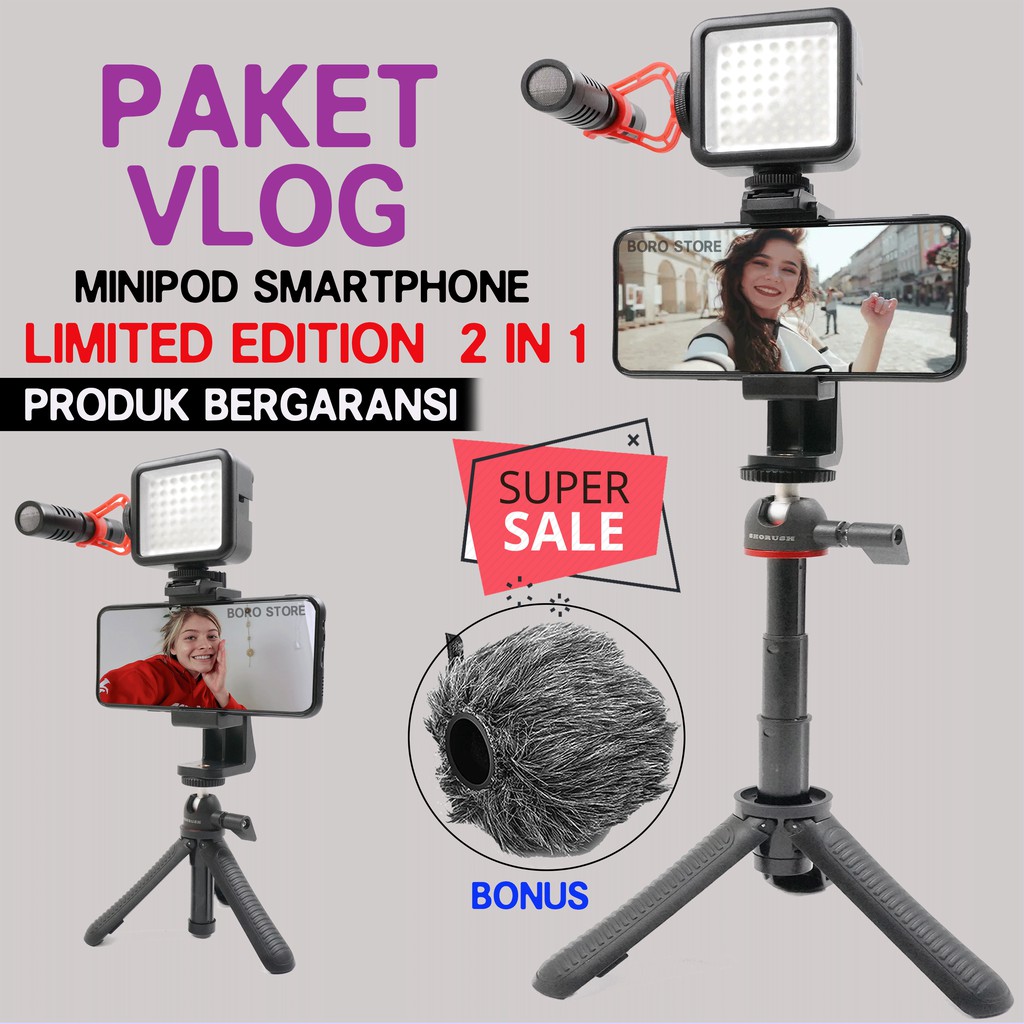 Jual Paket Vlog Smartphone M Minipod Holder Tripod Mic Mikrofon Live Streaming Led Shorush