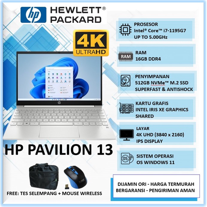 Jual Laptop HP Pavilion 13 4K Intel Core I7 1195G7 Ram 16GB SSD 512GB 