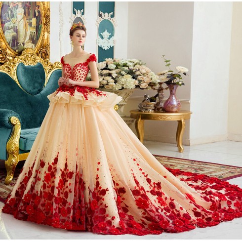 Jual Luxury Quinceanera Ball Gown Dress 3D Floral Lace Applique Sweet Floor Length Sheer Back ...