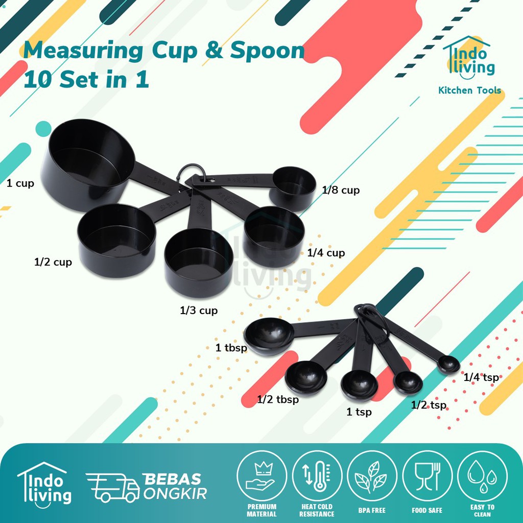 Jual Indoliving Measuring Cup Spoon Sendok Takar Gelas Ukur Set 10 In 1 Hitam Plastic Ware 2954
