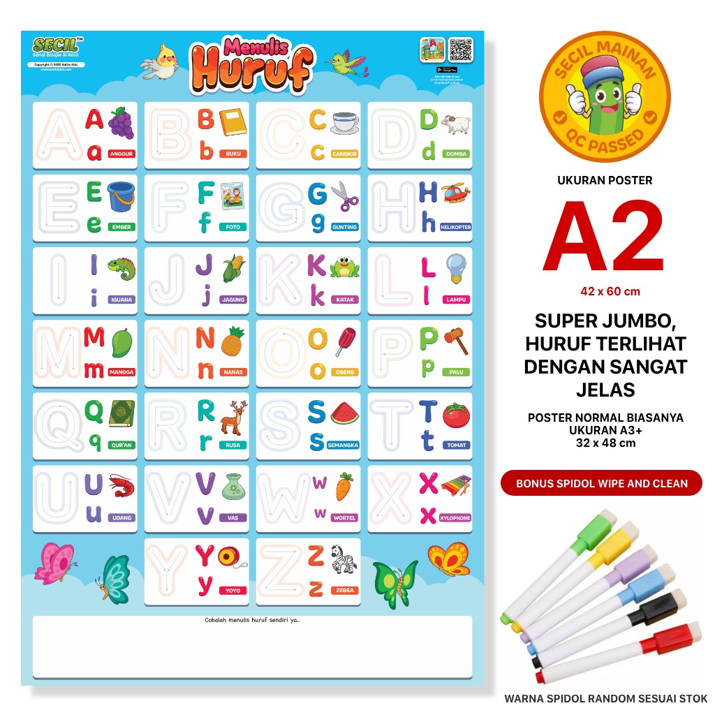 Jual Secil Mainan | Poster Menulis Huruf ABC Wipe and Clean Super JUMBO ...