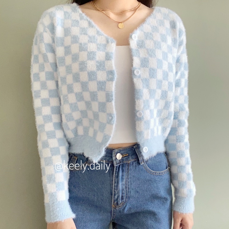 Jual Nixie Checkered Cardigan Cardi Bulu Rajut Lengan Panjang Kotak Biru Pink Shopee Indonesia