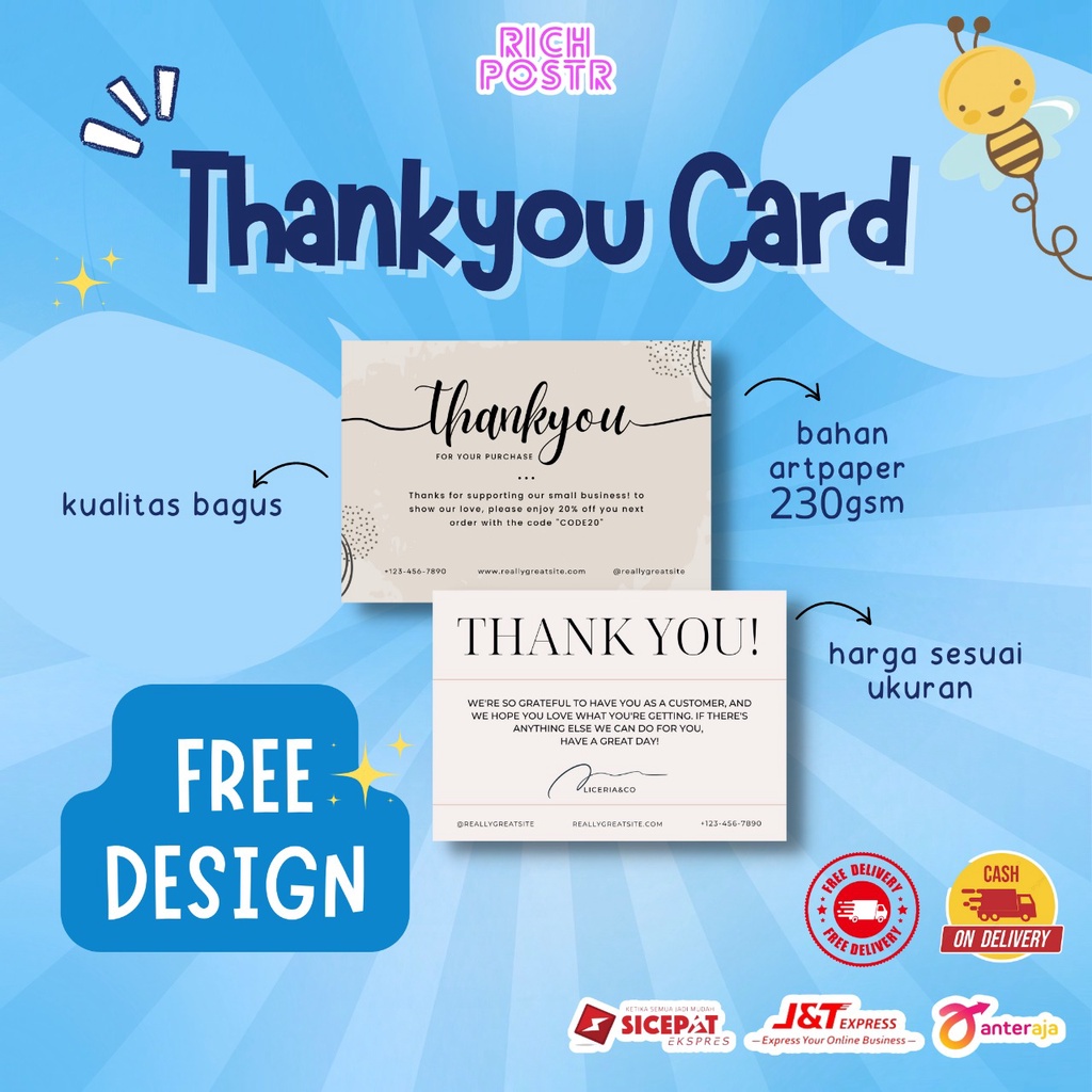 Jual Thank You Card 1 Sisi Kartu Hampers Kartu Souvenir Thankyou Card Kartu Terima Kasih 7303