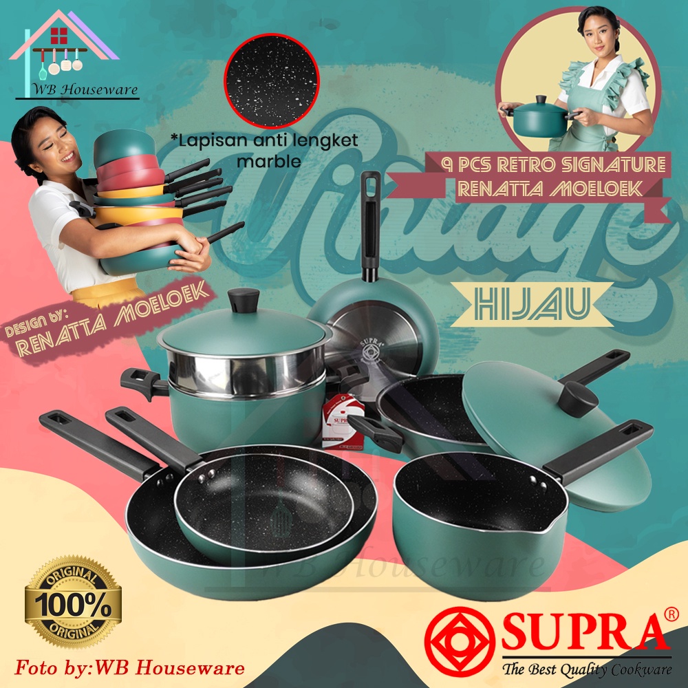 Jual SUPRA 9pcs panci set anti lengket alumunium retro hijau by renatta ...