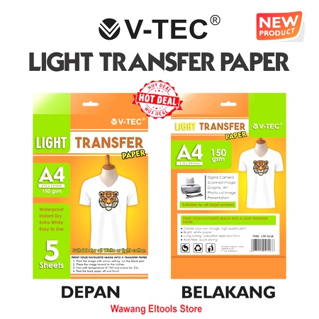 Jual Transfer Paper LIGHT/DARK T-SHIRT TRANSFER A4 150 gsm V-Tec isi 5 ...