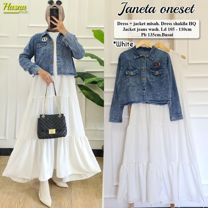 Janeta Set Dewasa Terbaru Setelan Gamis Dress Polos Dan Jaket Crop Jeans Wanita LD 100 Cm