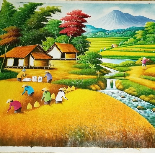 Jual Lukisan Panen Raya Dengan Gerobak Sapi Pedati dan Jembatan ...