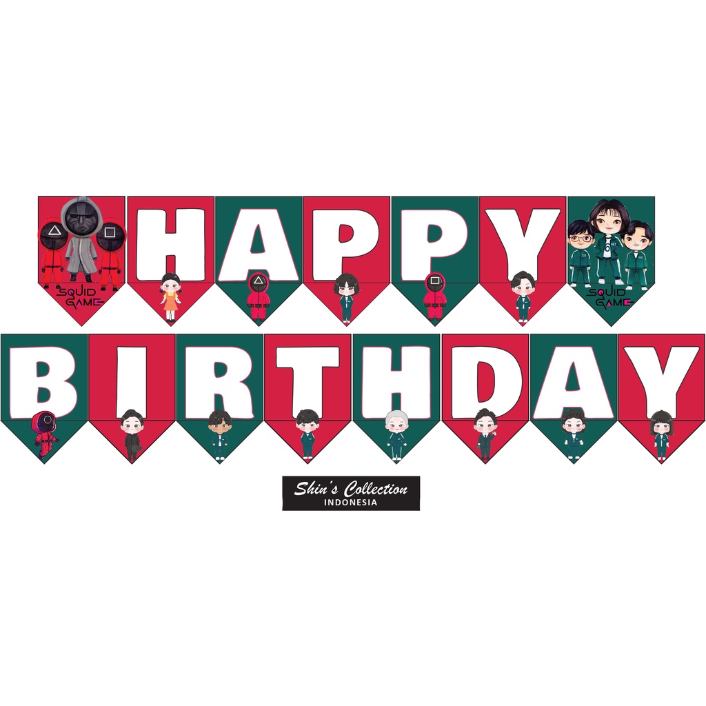 Jual Banner bunting flag happy birthday ulangtahun Squid game set