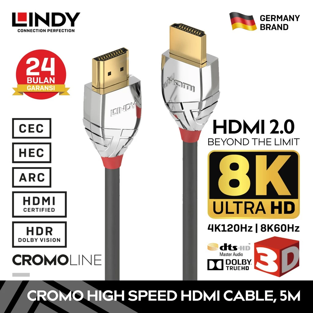 Kabel HDMI 2.0 LINDY 5M High Speed 8K 4K 120hz HDR Cromo Cable Dolby Vision HDR10+ HDR10 ARC 37874