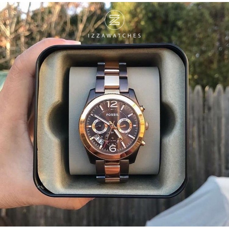 ES4284 Perfect Boyfriend Ladies Brown Dial Dual Tone Stainless Steel Strap