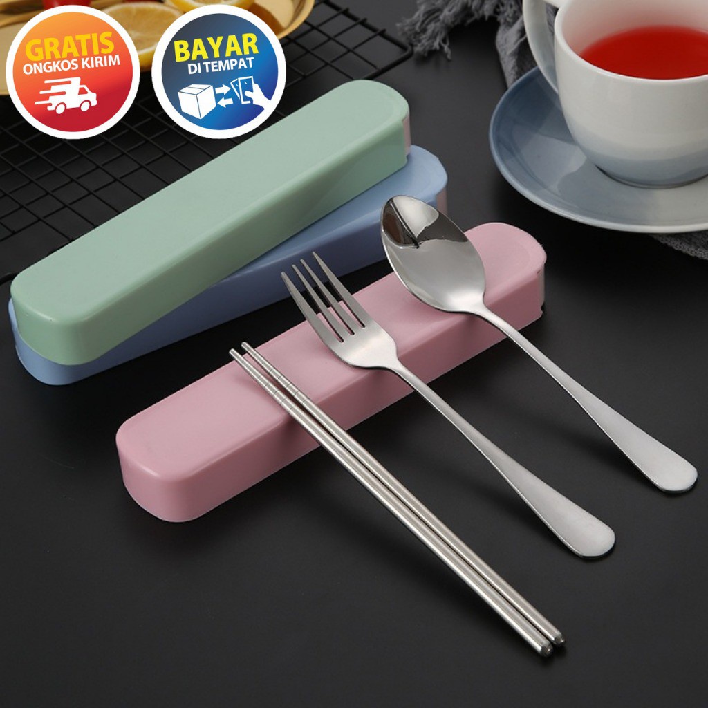 Jual Sendok Set kotak plastik Stainless Alat Makan spoon garpu sumpit ...