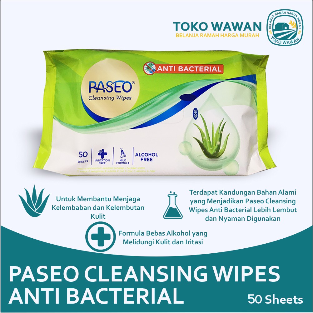 Jual Paseo Cleansing Wipes Antibacterial Isi 50 Sheet Tissue Anti