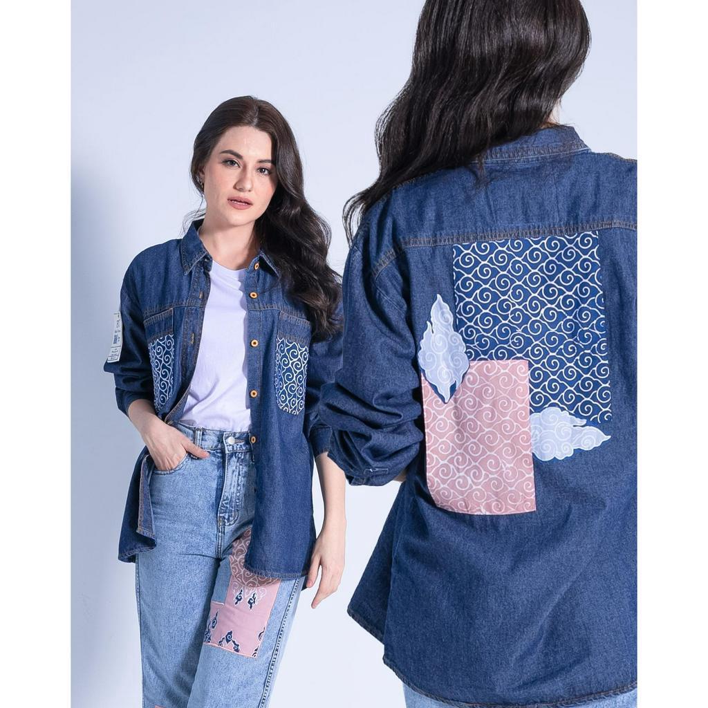 Jual BATIK TRUSMI Denim Life Series Kemeja Wanita Denim Kombinasi Batik ...