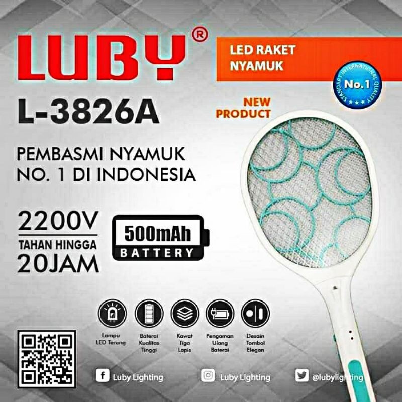 Jual RAKET NYAMUK LUBY 3826A senter LED rechargeable cas awet serangga ...