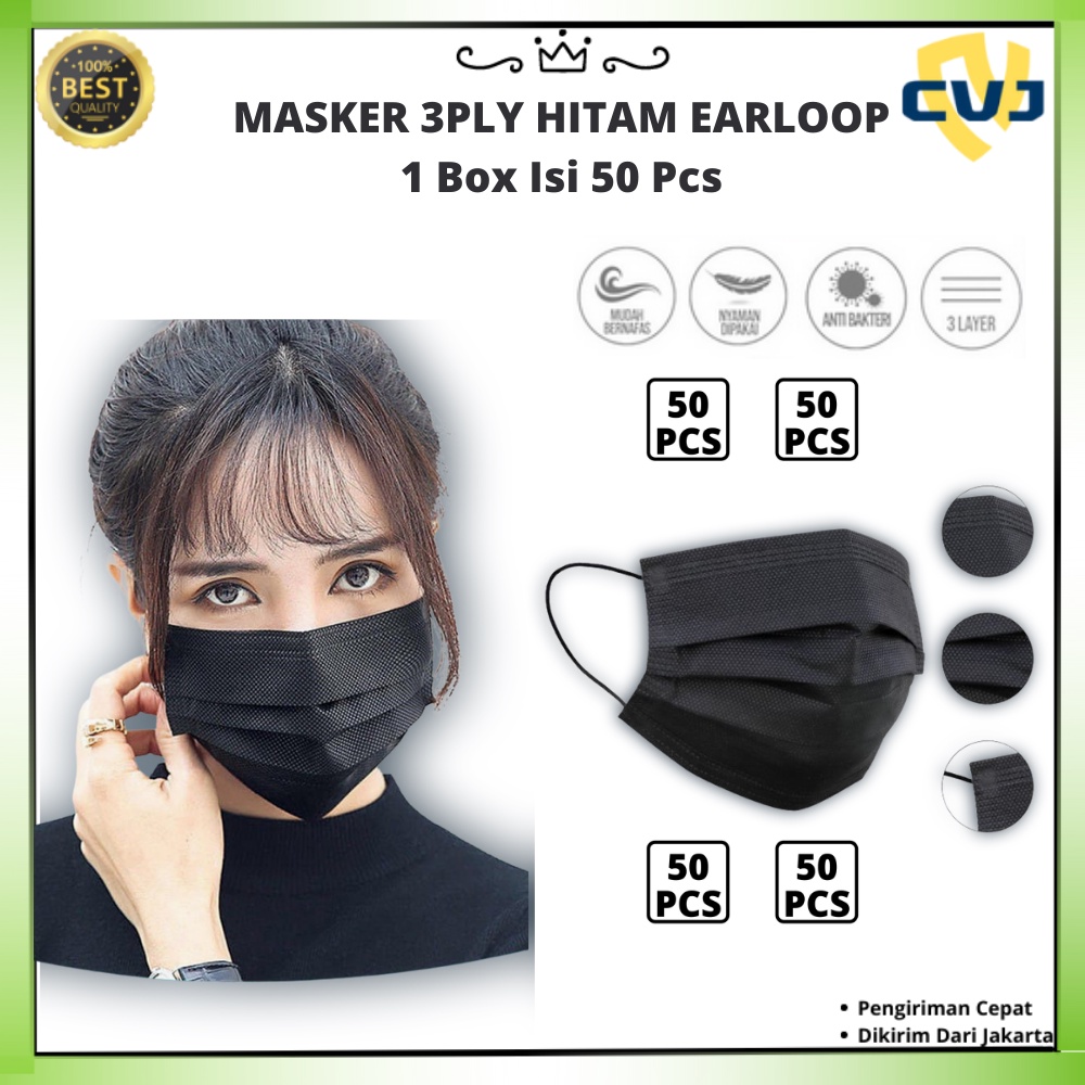 Jual Masker 3Ply Hitam Earloop Disposable Mask Isi 50Pcs | Shopee Indonesia