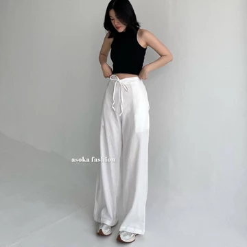 ASOKA Rachel Pants 2431 Celana Highwaist Tali Celana Linen Crinkle Kulot Casual