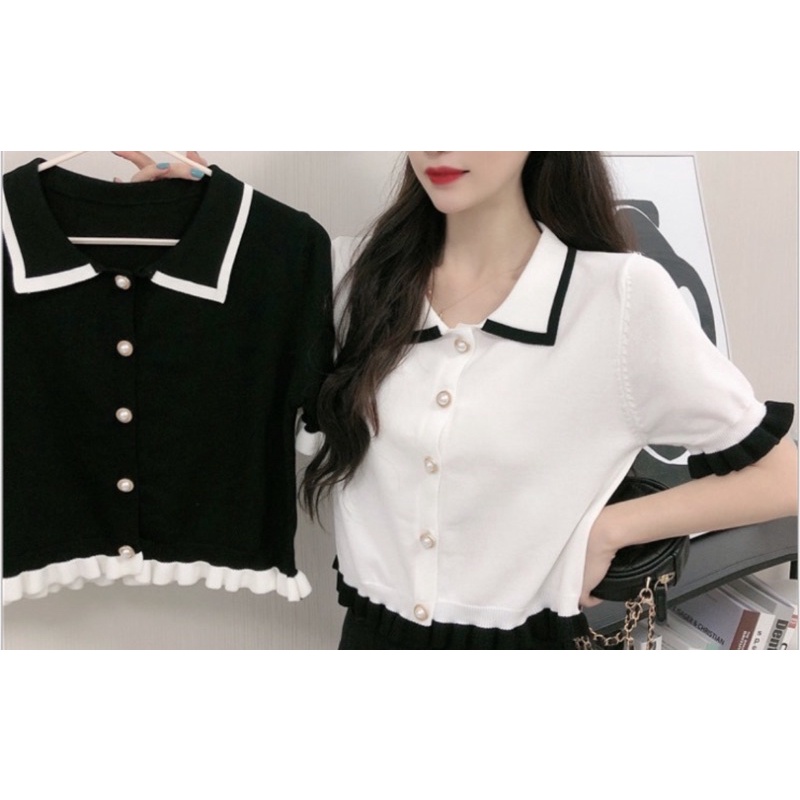 Jual Sweater cardigan import knit rajut crop pearl button lengan pendek ...