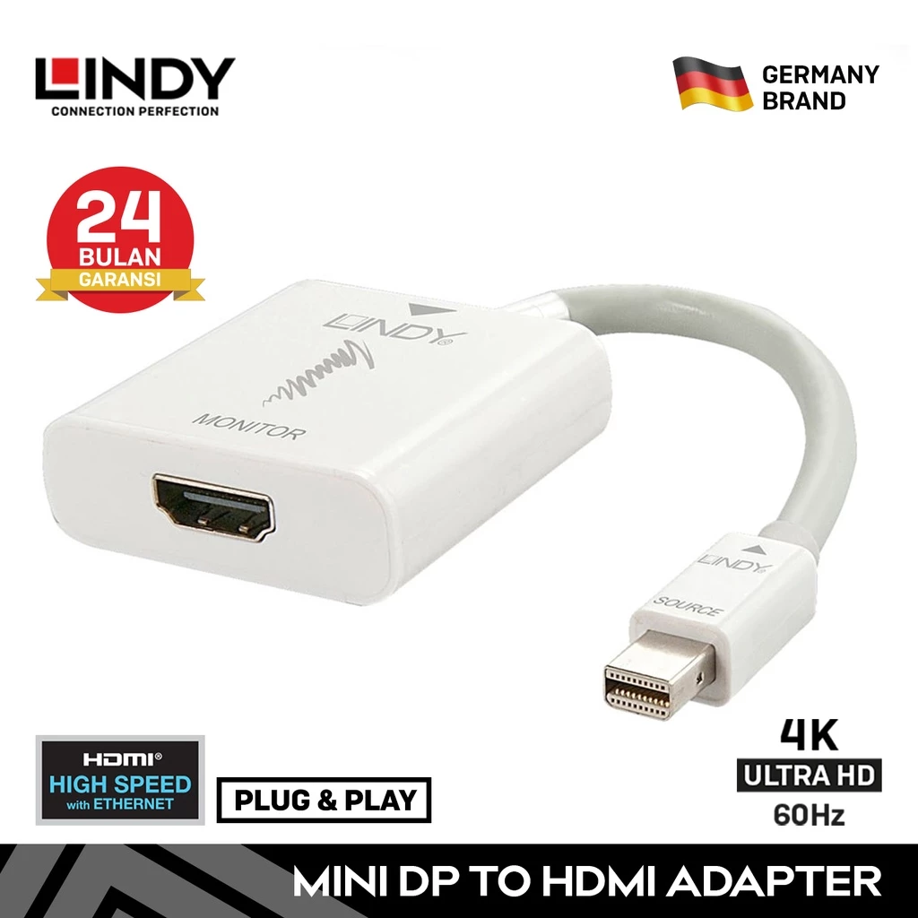 LINDY Converter Mini DisplayPort to Hdmi Adapter Active Mini DP 1.2 to Hdmi 2.0 4K 60 UHD HDCP Mac 41069