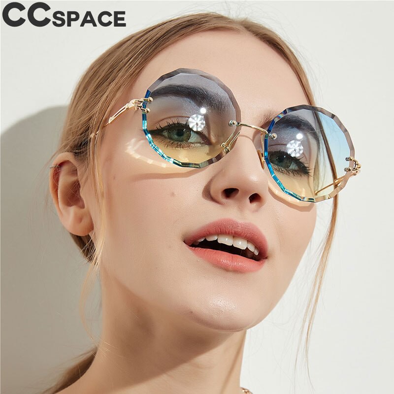 Jual Produk China Luxury Round Rimless Sunglasses Women 2018 Diamond Cut Shades Ccspace Vintage 