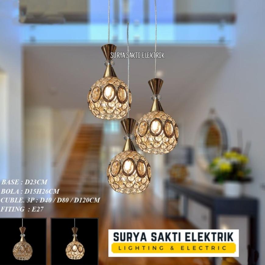 Jual LAMPU GANTUNG KRISTAL GOLD CABANG 3 IN 1 TURUN MODERN HIAS RUANG ...