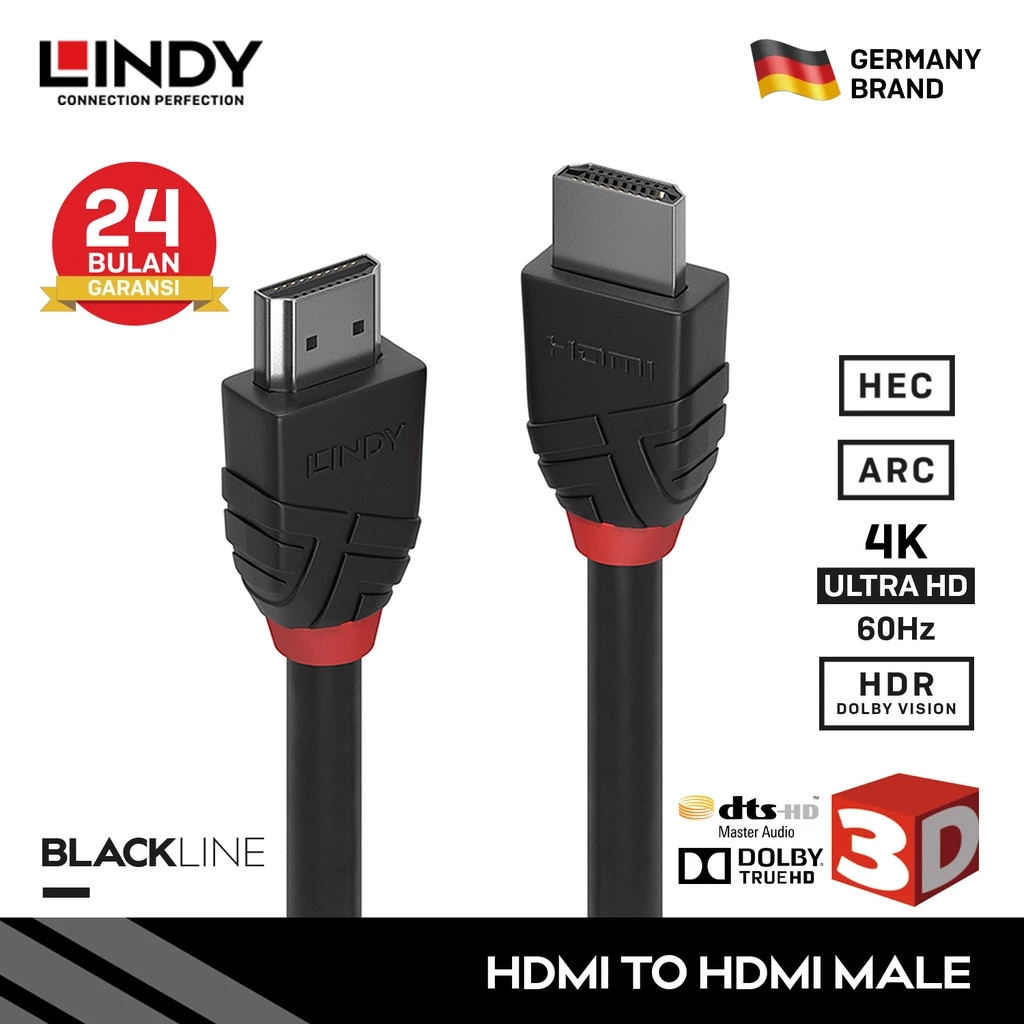 Kabel HDMI 2.0 LINDY 3M Black HDMI High Speed 4K 3D Ultra HD HDR Dolby Audio Cable 18Gbps 36473