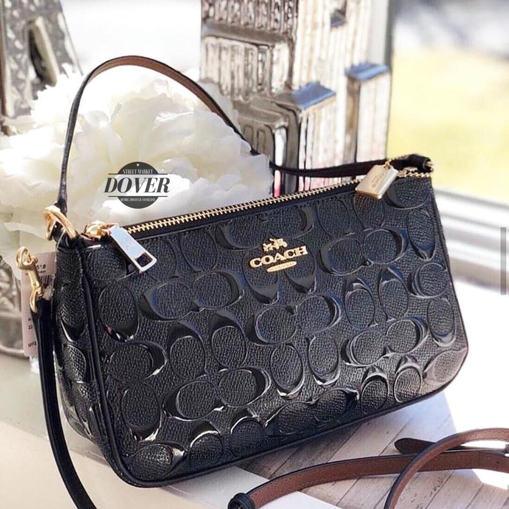 Coach Top Handle Pouch in Signature Black Embosse ORIGINAL 100