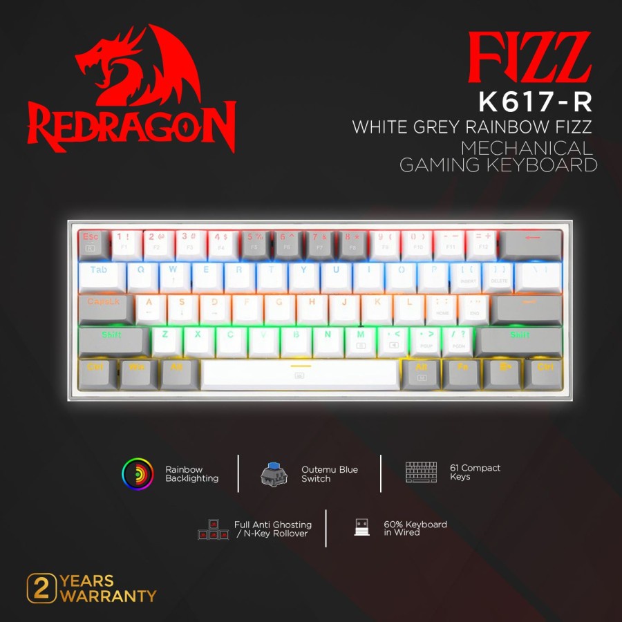 Jual Redragon Mechanical Gaming Keyboard 60% WHITE GREY RAINBOW FIZZ ...