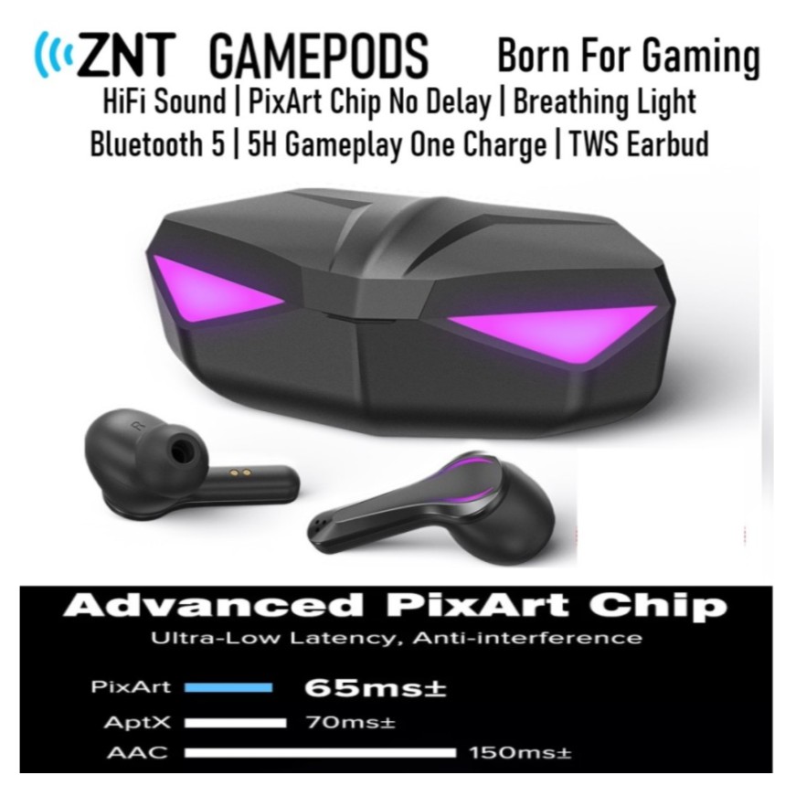 Wireless Gaming Earbuds TWS ZNT GamePods Max PixArt Chip Low Latency IPX5 GRAB GOJEK READY