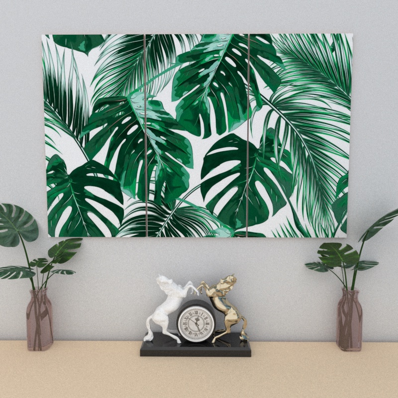 Hiasan dinding ruang tamu aestetic poster Art Puzzle 3 panel daun monstera tropical wall decor
