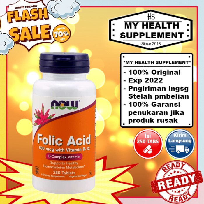 Jual NOW FOODS FOLIC ACID 800 MCG VITAMIN B B12 COMPLEX 250 TABLET ...