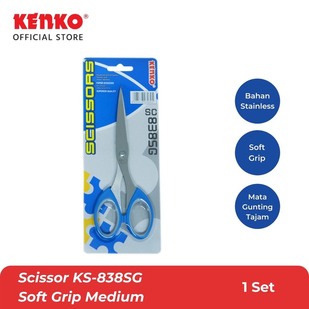 KENKO SCISSOR / Gunting/Alat Pemotong Kertas KS-838SG Soft Grip Medium