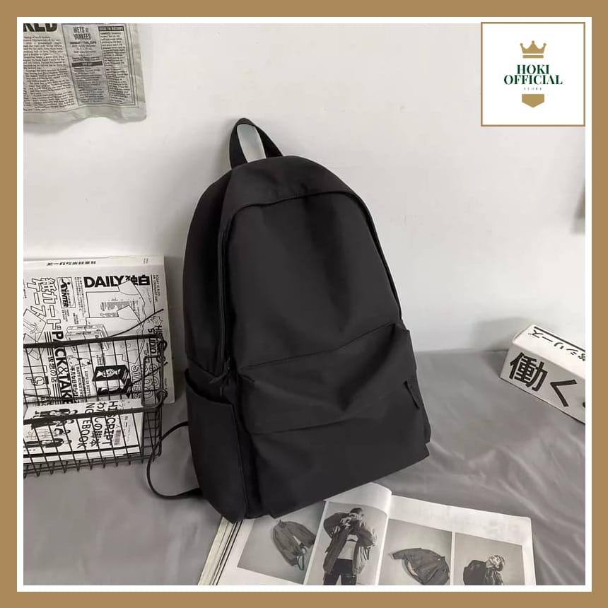Jual [COD] Ransel Polos Wanita Pria Tas Sekolah Warna Hitam Polos Tas